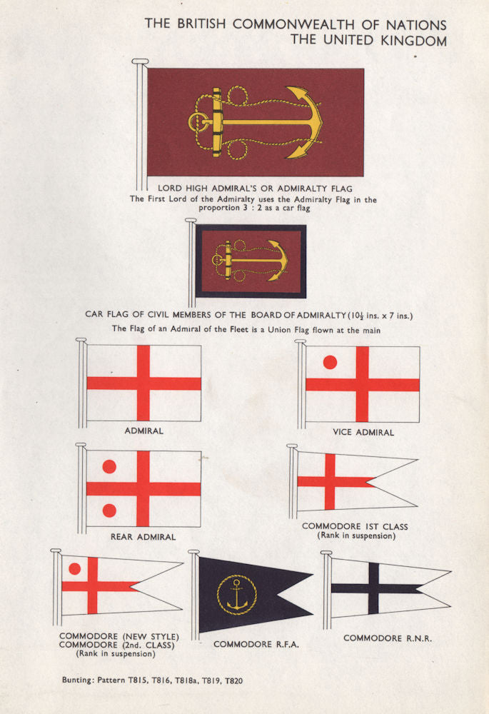 BRITISH NAVY FLAGS. Lord High Admiral Admiralty Admiral Commodore 1958 print